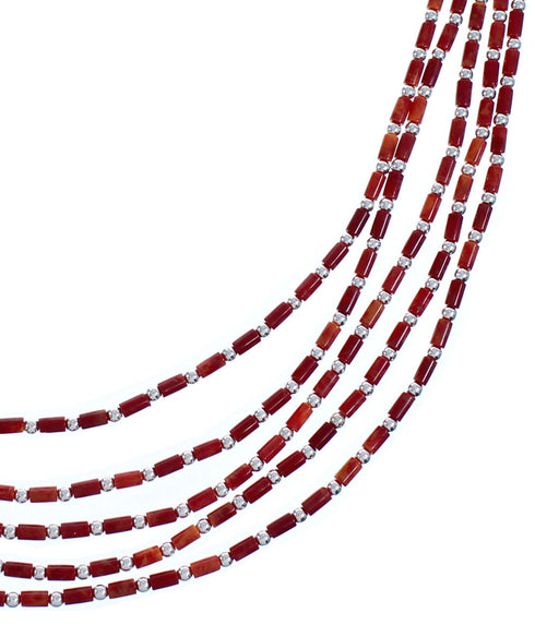 5-Strand Hand Strung Sterling Liquid Silver 16" Red Oyster Shell Necklace RX119140